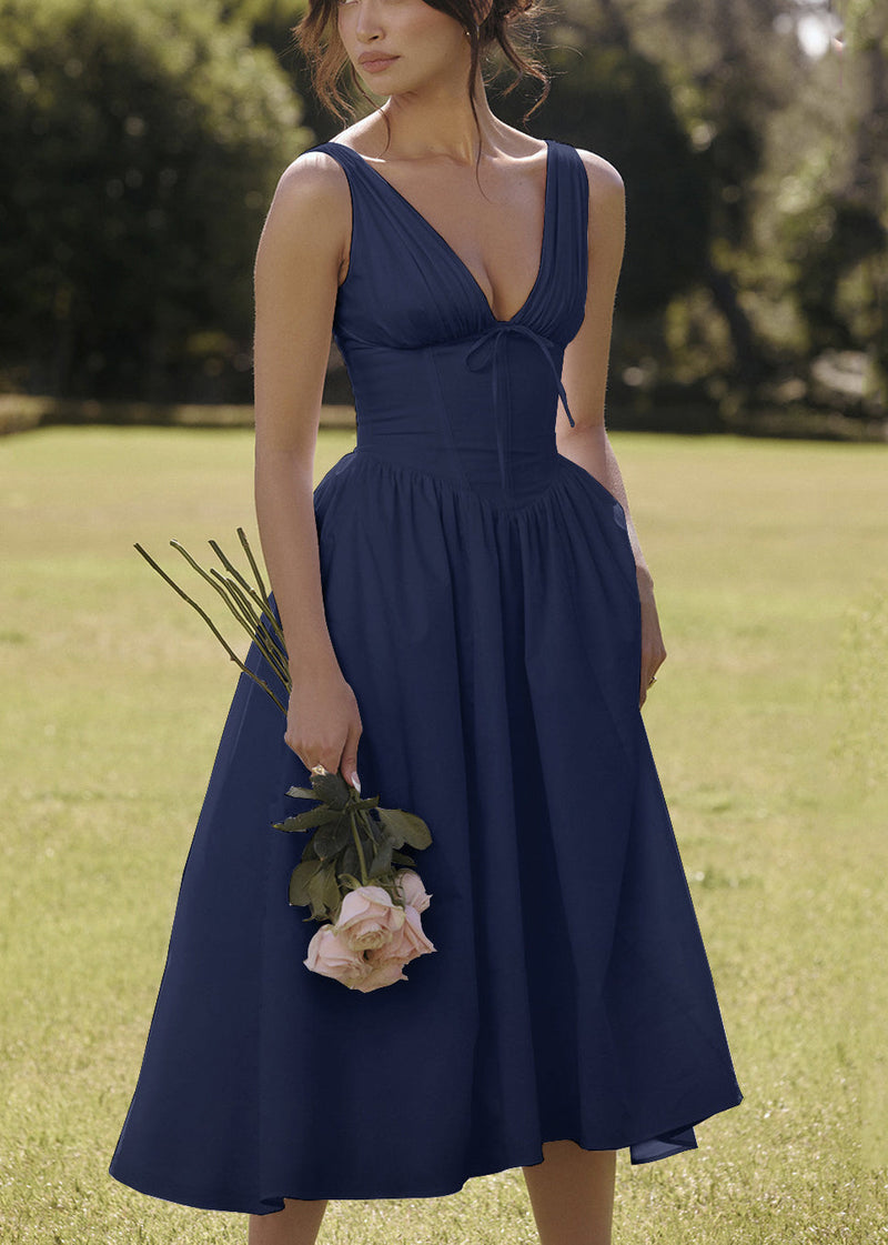 New Red V Neck High Waist Cotton Dresses Sleeveless