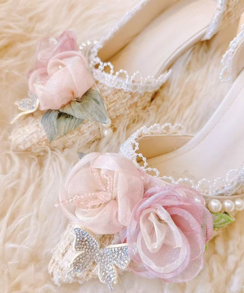 New Pink Flower Nail Bead Pointed Toe Coarse Heels