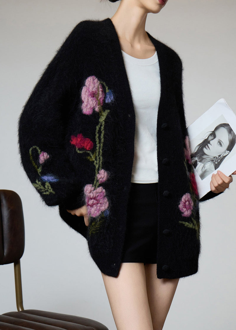 Black V Neck Embroidered Knit Coat Fall