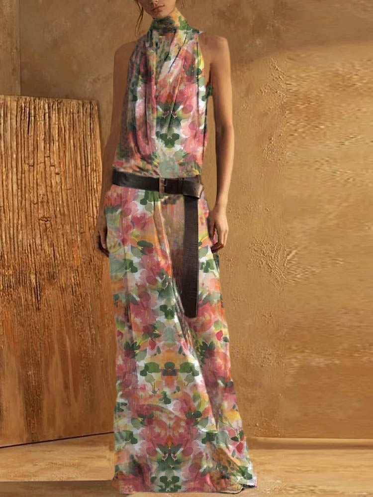 Blue Plain High Neck Sleeveless Loose Maxi Tank Dress