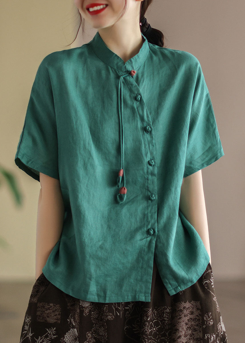 Green Stand Collar Tassel Asymmetrical Design Linen Shirts Short Sleeve