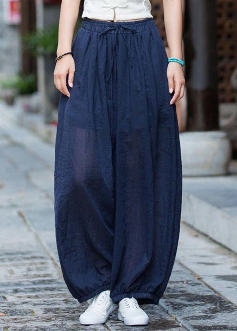 Navy Pockets Elastic Waist Cotton Lantern Pants Summer
