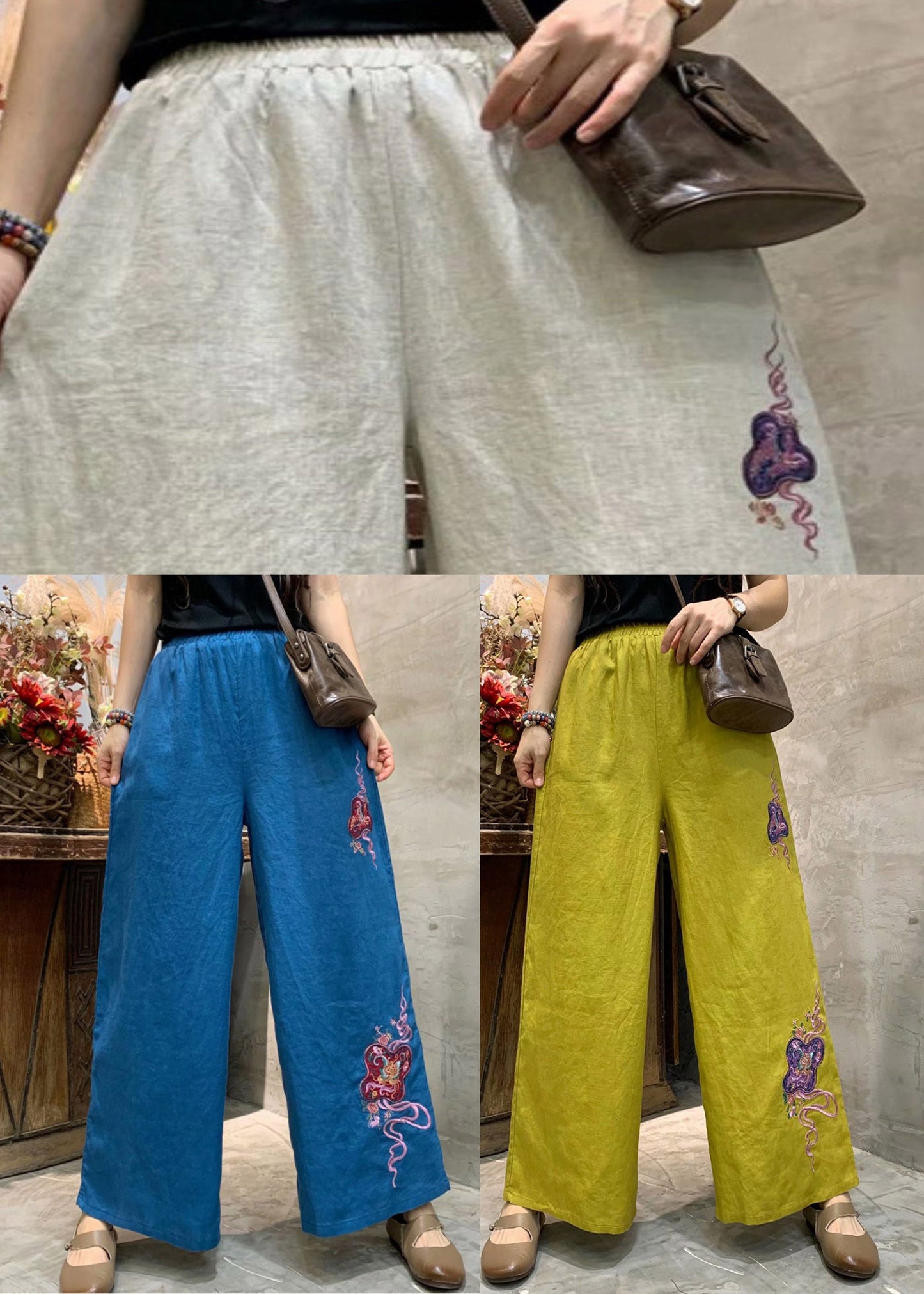 Yellow Embroidered Linen Wide Leg Pants Summer
