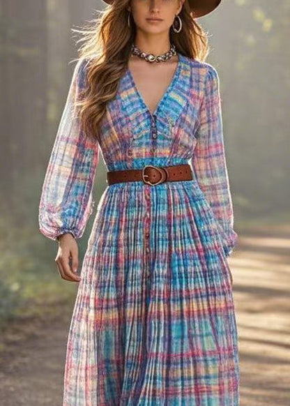 Rainbow Cinched Plaid Cotton Dresses Spring