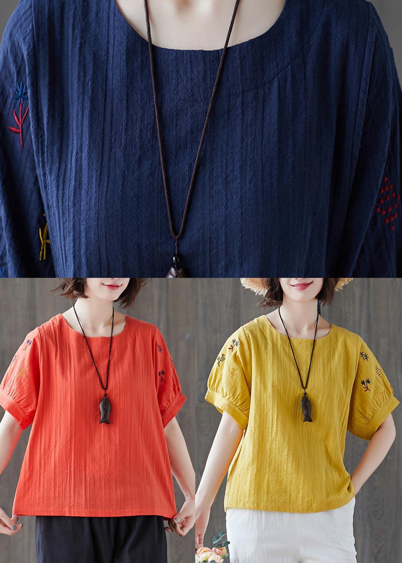 Navy Embroidered Cotton Linen T Shirts Summer