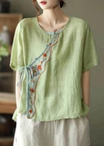 Orange Ramie Lace-up Embroidered Irregular T-shirt