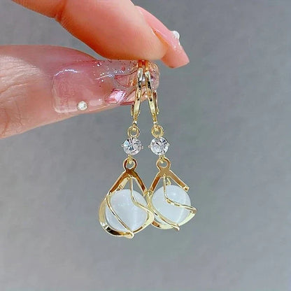 1+1 Offer: Gold Ring With Natural Pattern + White Opal Dangling Golden Earrings