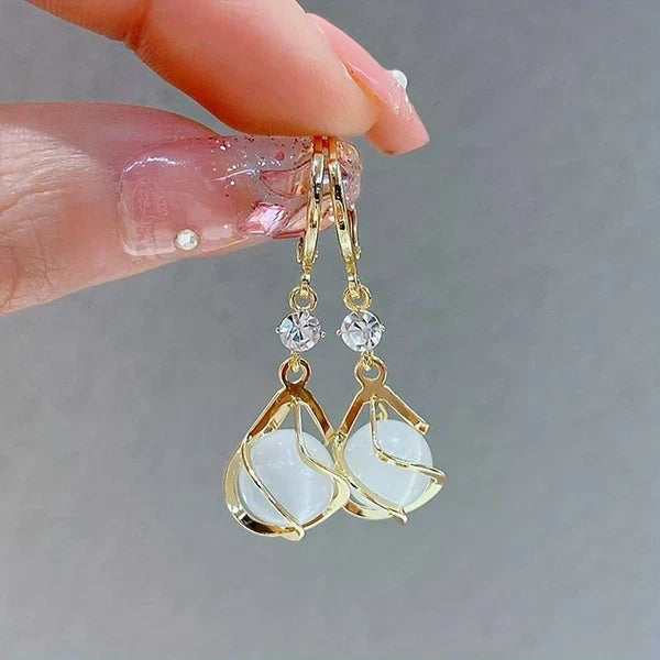 1+1 Offer: Gold Ring With Natural Pattern + White Opal Dangling Golden Earrings