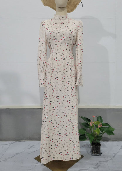 Autumn Apricot Lace Up Stand Collar Print Chiffon Dress