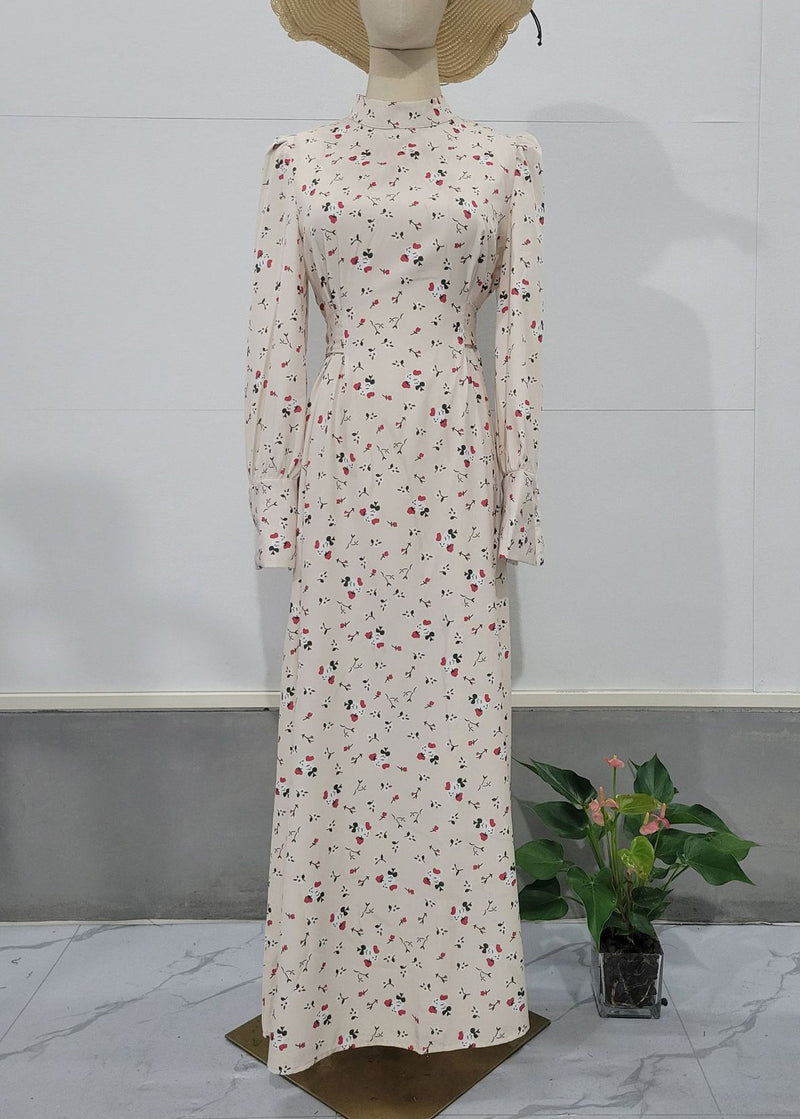 Autumn Apricot Lace Up Stand Collar Print Chiffon Dress
