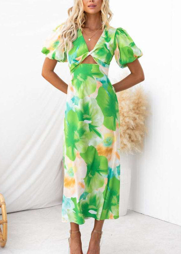 Green V Neck Puff Sleeve Print Hollow Out Cotton Long Dresses