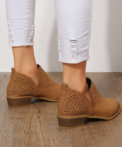 Brown Hollow Out Splicing Chunky Ankle Boots Pointed Toe