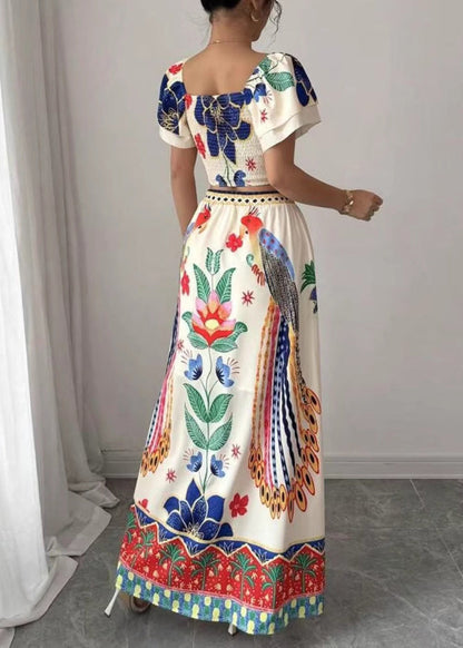 Square Collar Print Top and Maxi Skirts Two Piece Set Summer