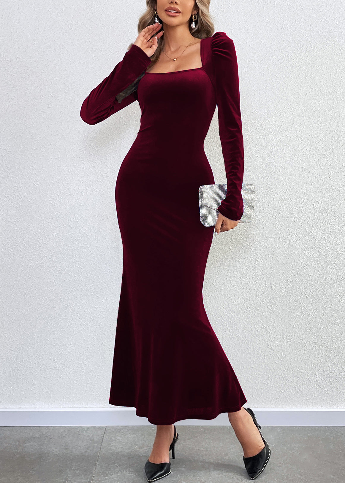 Mulberry Square Collar Backless Velvet Dresses Fall