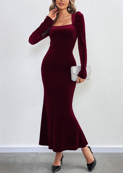 Mulberry Square Collar Backless Velvet Dresses Fall