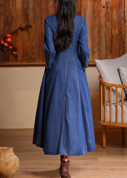 Blue O-neck Embroidered Button Long Denim Dresses Spring