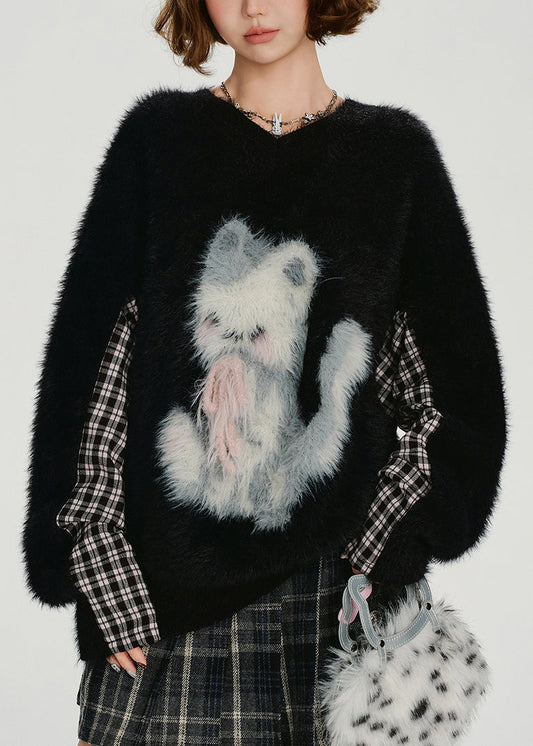 Black Oversized Patchwork Fuzzy Fur Fluffy Knit Sweater Winter
