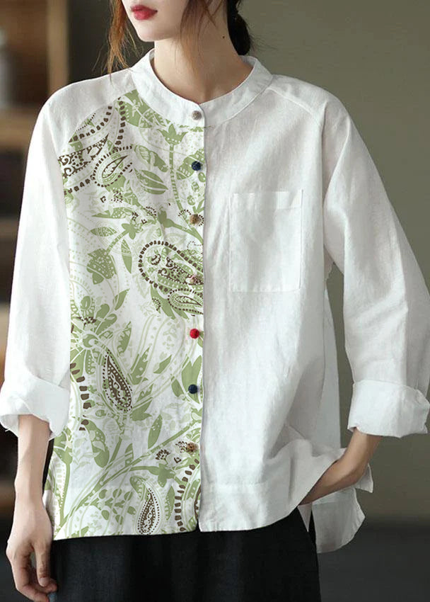 Modern White-cashew Pattern Loose Patchwork Pockets Fall Long Sleeve Blouse Top