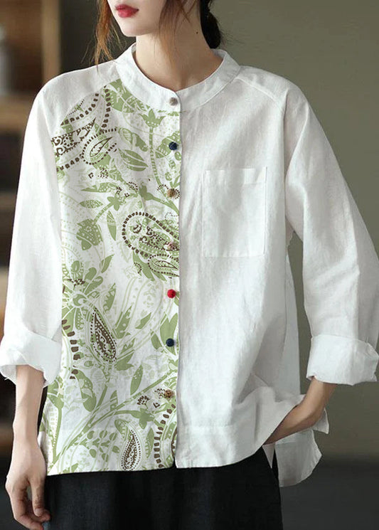 Modern White-cashew Pattern Loose Patchwork Pockets Fall Long Sleeve Blouse Top
