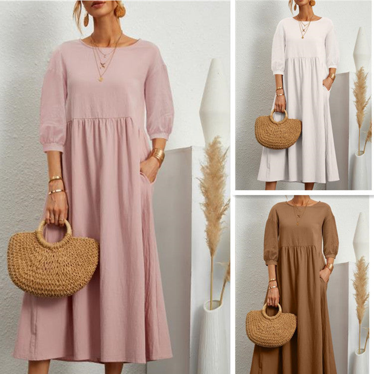 Spring Outfit Lantern Sleeve Loose Cotton and Linen Pocket Dress