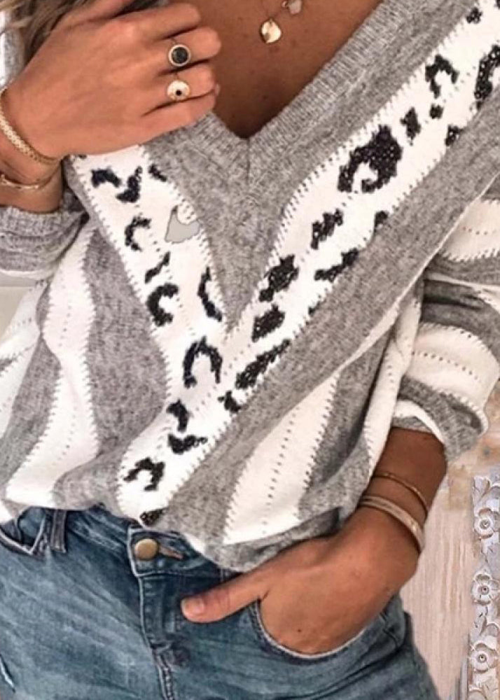 Art Khaki V Neck Asymmetrical Leopard Knit Sweaters Fall