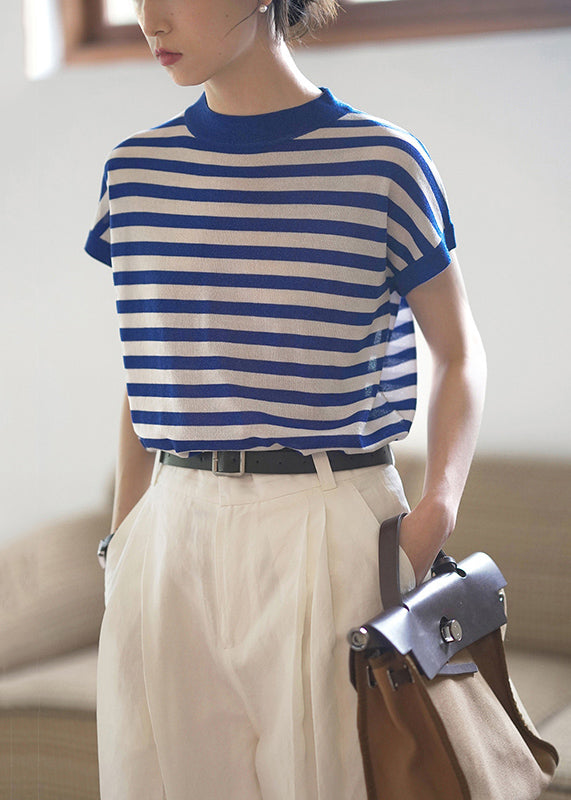 Blue O Neck Striped Cotton T Shirts Top Summer