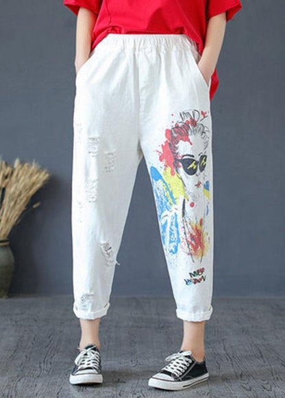 Stylish White Print High Waist Hole Harem Cotton Pants