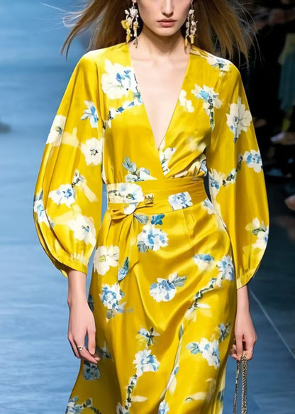 Stylish Yellow V Neck Print Silk Work Dress Spring
