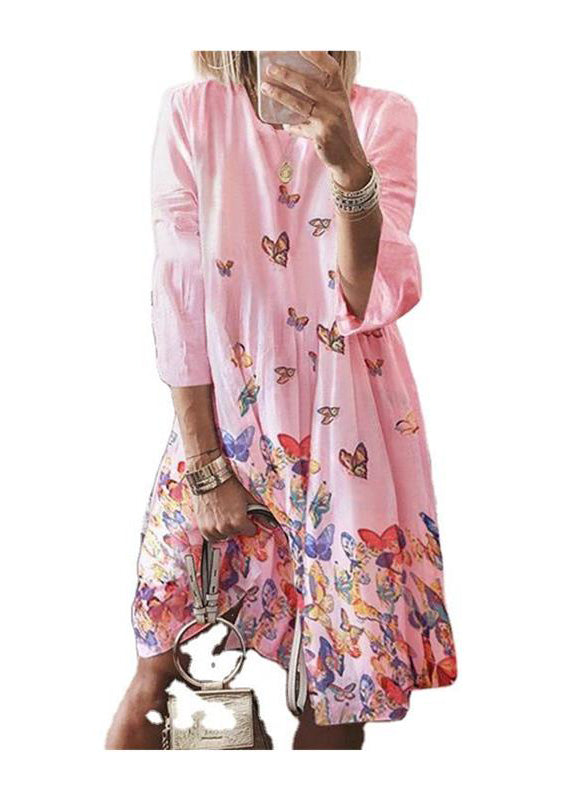 Blue O Neck Butterfly Print Cotton Mid Dress Summer