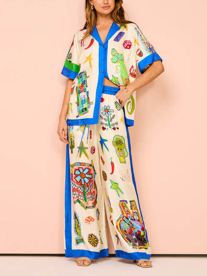 Color Block Personalized Printed Vacation Loose Shirt