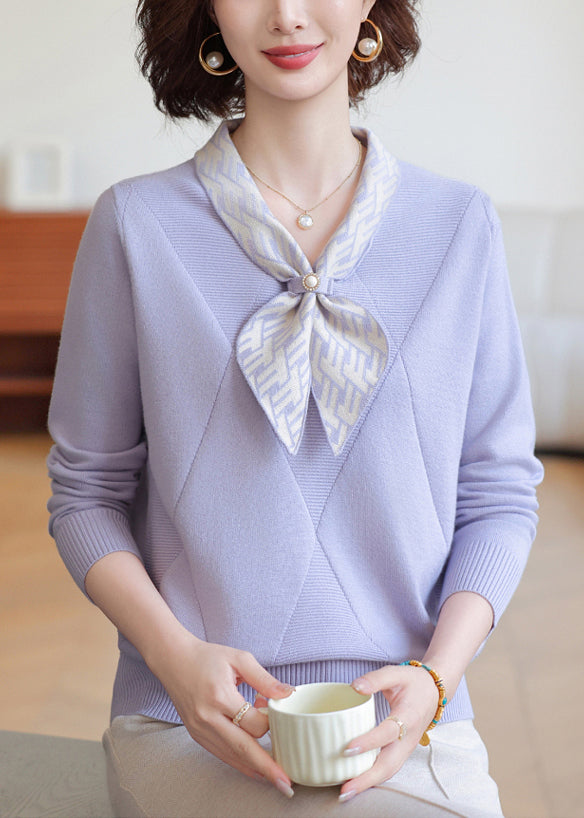 Lavender Bow Neck Striped Knit Shirts Winter
