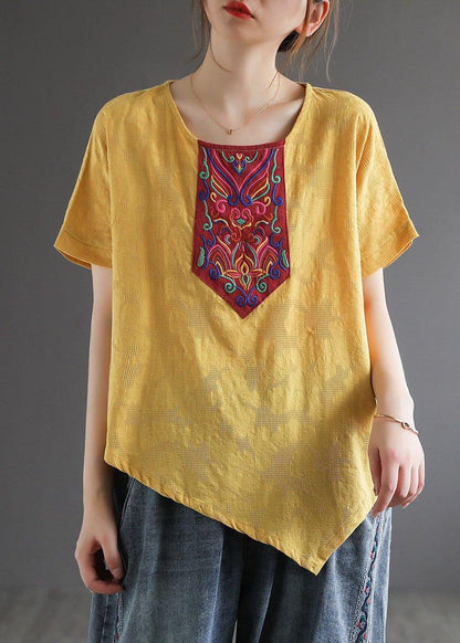 Italian Yellow Retro Embroidered Summer Shirt Short Sleeve