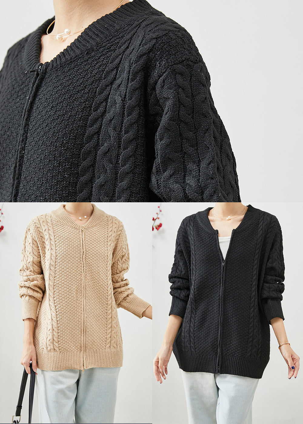 Diy Khaki Zip Up Thick Cable Knit Coats Fall