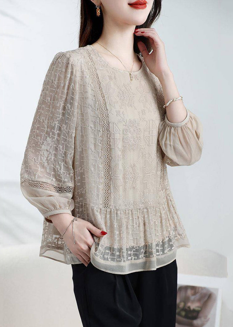 Loose Coffee O-neck Embroidered Patchwork Silk Top Bracelet Sleeve