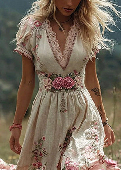 Beige High Waist Patchwork Cotton Long Dress V Neck Summer