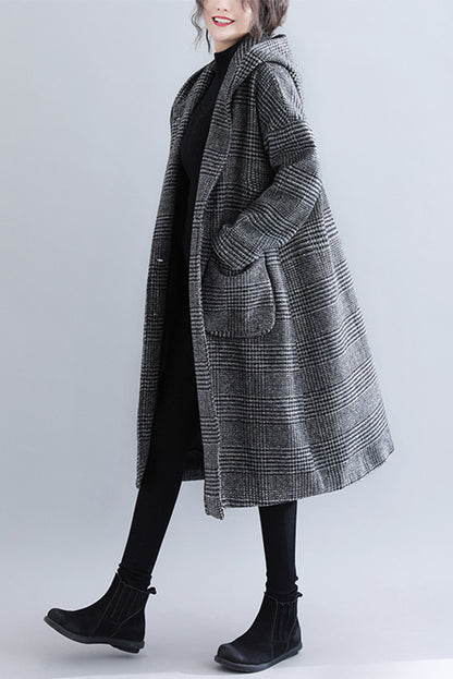 Woolen Coat Plaid Hooded Coat Mid-length Coat