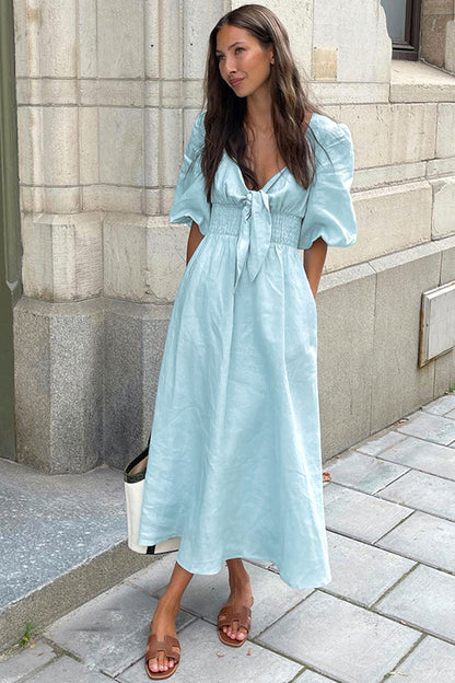 Tie Front Puff Sleeve Cotton Linen Beach Vacation Midi Dress - Sky Blue