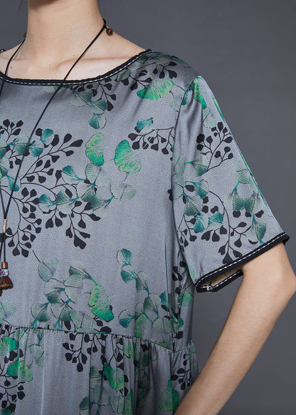 Grey Oversized Print Silk Long Dress Summer