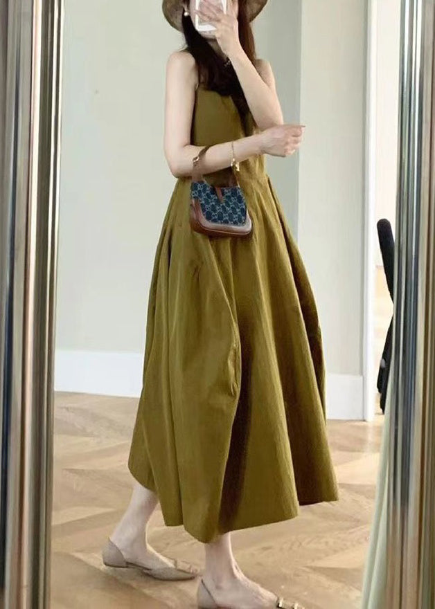New Yellow Pockets Cotton Long Dresses Sleeveless