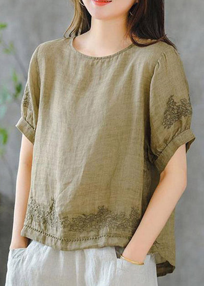 Grass Green O-neck Embroidered Ruffled Linen Tops Short Sleeve