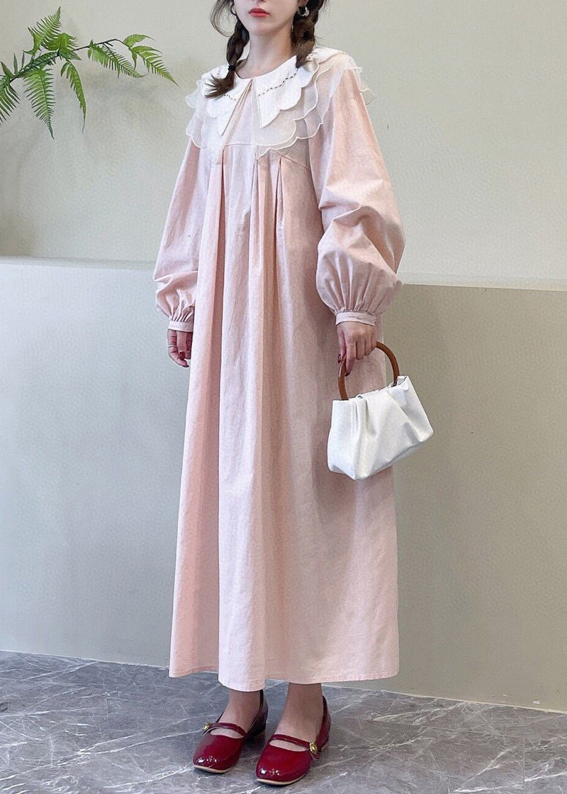 New Pink Peter Pan Collar Cotton Dresses Spring