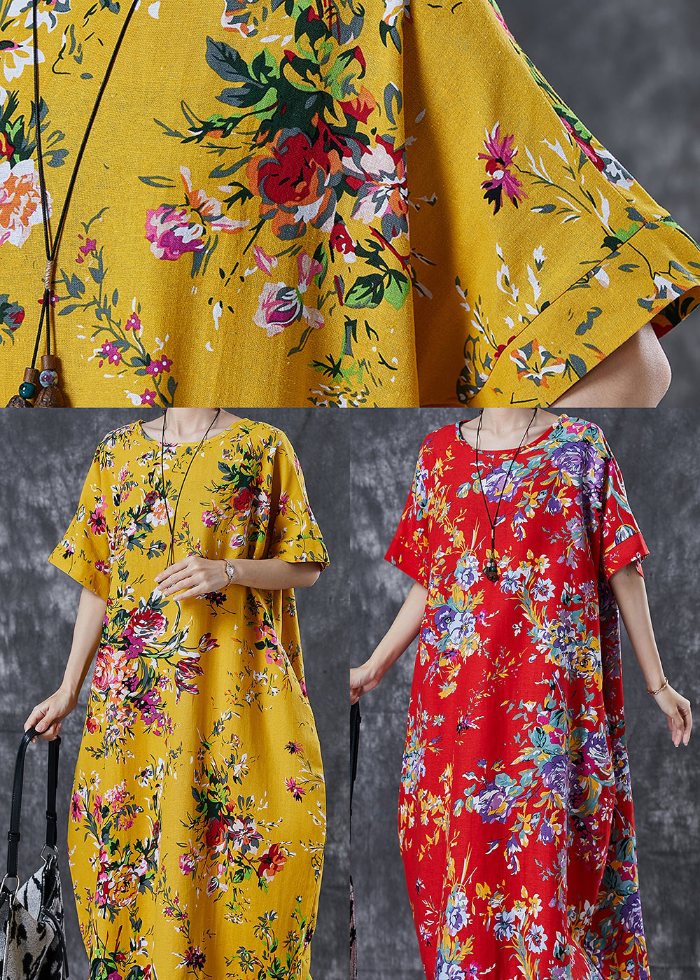Red Print Cotton Maxi Dress Oversized Summer