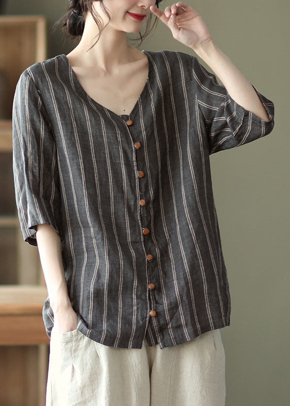 Grey V Neck Striped Button Linen Shirts Half Sleeve