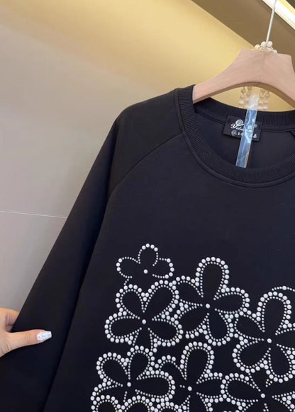 Black Oversized Patchwork Cotton Sweatshirt Fall