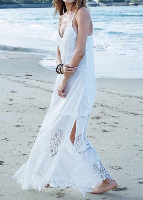 European and American Style White V Neck Lace Spaghetti Strap Dress Summer