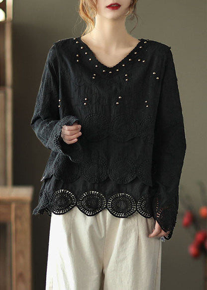 Classy Black V Neck Nail Bead Fall Tops Long Sleeve