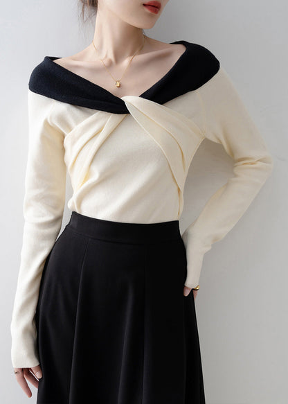 New Beige Slash Neck Slim Cross Knit Top Spring