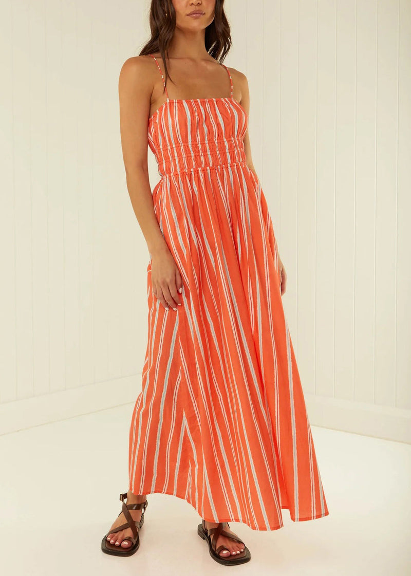 Orange Striped Cotton Spaghetti Strap Dress Summer