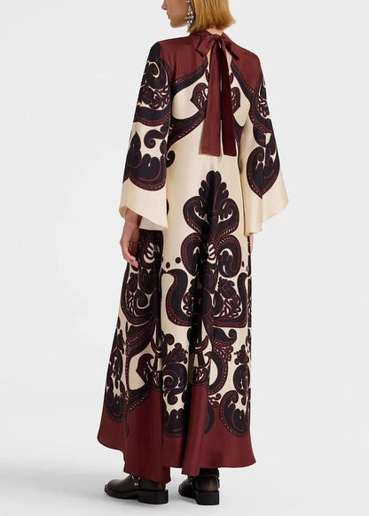 French V Neck Print Lace Up Cotton Long Dress Flare Sleeve