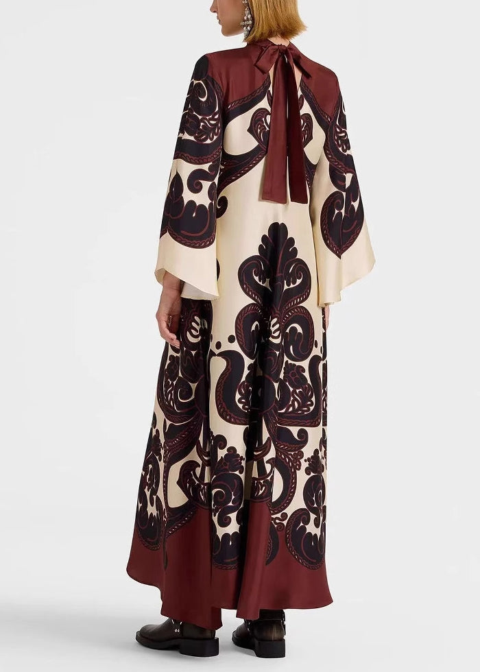 French V Neck Print Lace Up Cotton Long Dress Flare Sleeve